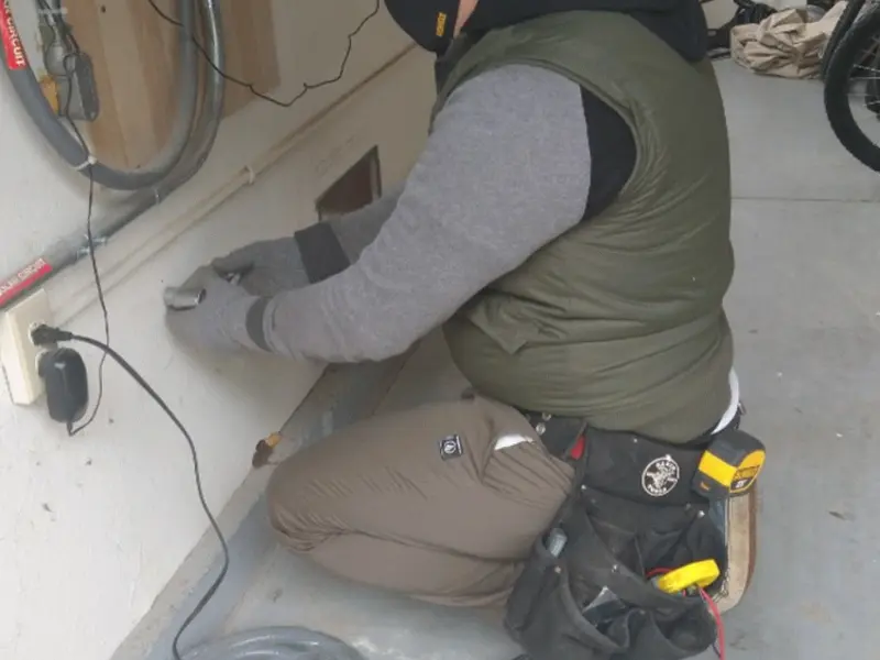 Electrician performing outlet wiring in a Lillington garage